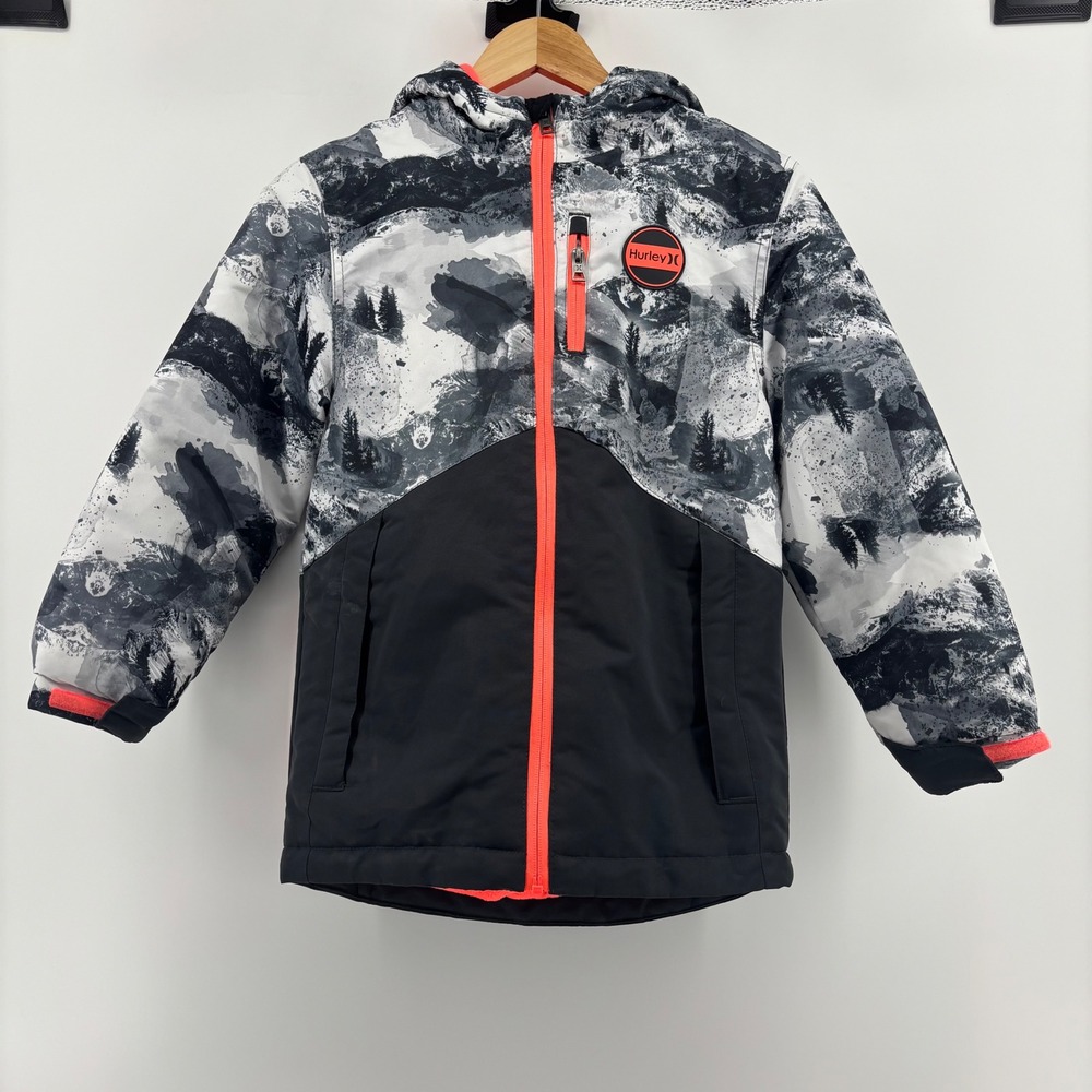 Hurley Winter Parka Jacket Boys Size S 7/8 Black Grey Mountain Print Neon Zip